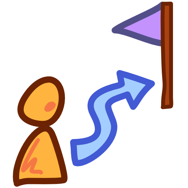 A yellow figure faces right, extending from it is a curvy blue arrow pointing at a triangular purple flag on a brown flagpole. The image has dark line art.
